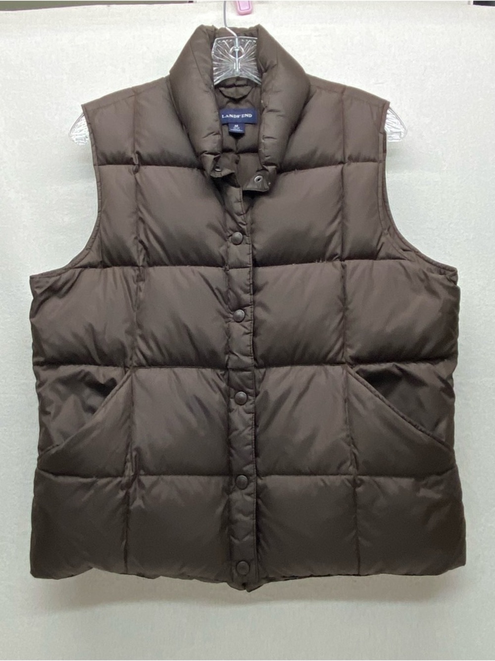 Lands' End Brown Down Quilted Puffer Vest Outdoor Layer SnapFront Pockets Casual